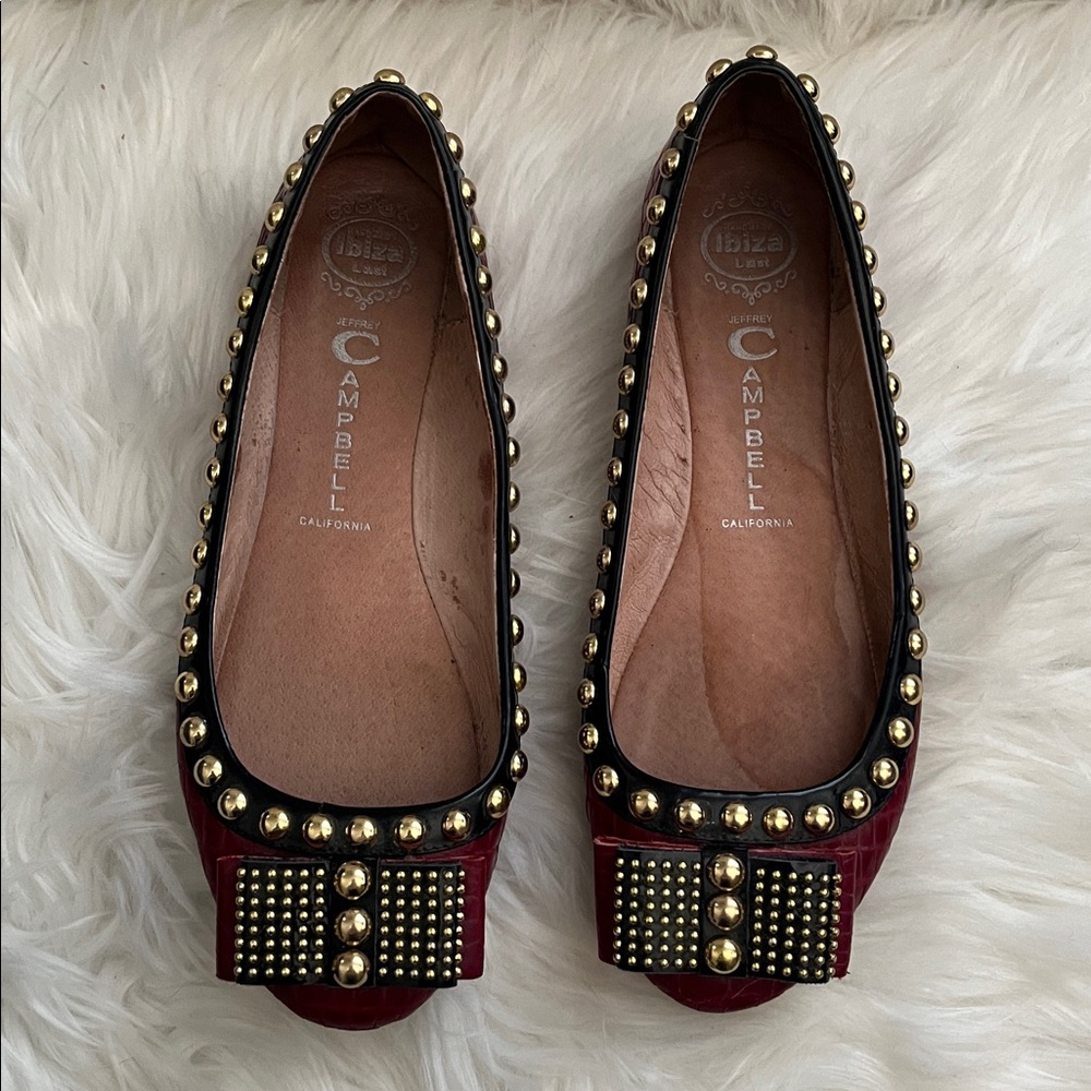 Jeffrey Campbell Dauphine Studded Red/Gold Bow Flats- Women’s 10